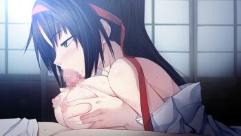 Rule 34 | 1girl, bare shoulders, black eyes, black hair, blush, breasts squeezed together, breasts, censored, cura, eyebrows, fellatio, flat (company), game cg, highres, himemiya (monobeno), indoors, japanese clothes, large breasts, long hair, looking away, lying, monobeno, mosaic censoring, nipples, no bra, open clothes, oral, paizuri, penis, ponytail, solo focus, sweat