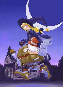 1girl arched_window archived_source bad_link blonde_hair blue_background blue_bow blue_cloak blue_eyes blue_gloves blue_hat blue_shirt blue_shoes blue_skirt bow building cloak crescent_moon cross drawstring european_architecture full_body ghost gloves hair_bow hat high_collar hirai_yukio latin_cross long_hair long_sidelocks looking_at_viewer low-tied_long_hair miniskirt moon muntins night no_pupils orange_hat original outdoors outstretched_arms parted_lips pom_pom_(clothes) pumpkin railing robot rooftop running shirt shoes sidelocks skirt sky solid_circle_eyes solo_focus spread_arms top_hat two-sided_cloak two-sided_fabric white_cloak white_gloves white_sky window witch witch_hat