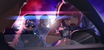 Rule 34 | 1boy, 3girls, :<, a.c.p.u. (nikke), armband, black gloves, black hat, black shirt, brown hair, bulletproof vest, car interior, closed mouth, collared shirt, commentary request, donut, fang, fluffy hair, food, garrison cap, gloves, goddess of victory: nikke, hair between eyes, hand up, hashtag-only commentary, hat, highres, holding, holding food, holding walkie-talkie, long hair, looking at another, messy hair, miniskirt, miranda (nikke), multiple girls, necktie, night, open mouth, outdoors, pastry box, pink hair, pleated skirt, poli (nikke), police, police badge, police hat, police uniform, policewoman, purple necktie, quiry (nikke), rear-view mirror, red necktie, sailor collar, sailor shirt, salute, shirt, short sleeves, skin fang, skirt, squinting, sunglasses, sweatdrop, tactical clothes, tongue, twintails, two-tone hat, two side up, upper body, v-shaped eyebrows, very long hair, walkie-talkie, wge, white hair, white hat, white shirt