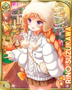 1girl :d ahoge animal_hood bag braid brown_hair brown_skirt card_(medium) cat_hood character_name christmas day girlfriend_(kari) hair_ribbon handbag hood hood_up jacket official_art open_mouth pleated_skirt purple_eyes qp:flapper ribbon skirt smile solo standing store suzukawa_rino sweater twin_braids white_jacket white_sweater