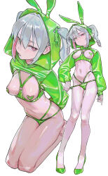 Rule 34 | absurdres, animal ears, arms behind back, bikini, blush, breast cutout, breastless clothes, breasts, closed mouth, colored inner hair, commission, crop top, cropped hoodie, drill hair, fake animal ears, framed breasts, full body, green bikini, green eyes, green hoodie, hair through hood, heart pasties, heterochromia, highres, hood, hoodie, kneeling, long sleeves, looking at viewer, medium breasts, meme attire, multi-strapped bikini bottom, multicolored hair, multiple views, navel, o-ring, o-ring top, original, parted lips, pasties, pink eyes, pink hair, rabbit ears, saaal653, short hair, short twintails, standing, stomach, strap pull, swimsuit, twintails, two-tone hair, white hair
