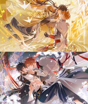 2boys alternate_costume chinese_clothes eyeliner genshin_impact hanfu heads_together highres hug image_sample makeup multiple_boys nuzzle pixiv_sample red_eyeliner red_string red_string_of_fate string tartaglia_(genshin_impact) yaoi youliangzhi zhongli_(genshin_impact)