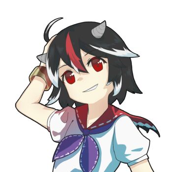 1girl black_hair chinese_commentary commentary_request dress edsky0309 grey_hair grey_horns horns kijin_seija looking_at_viewer medium_hair multicolored_hair puffy_short_sleeves puffy_sleeves red_eyes red_hair short_sleeves simple_background small_horns smile solo streaked_hair touhou white_background white_dress