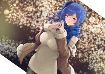 1girl alternate_costume azur_lane bare_shoulders blue_hair blue_scarf breasts brown_coat casual coat commentary dutch_angle fur-trimmed_coat fur_trim highres large_breasts long_sleeves plaid_clothes plaid_scarf purple_eyes scarf side_ponytail solo st._louis_(azur_lane) umiya_mizuki