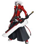 Rule 34 | 1boy, arc system works, belt, black pants, blazblue, blazblue: calamity trigger, boots, cable, frown, gloves, green eyes, hakama, hakama skirt, heterochromia, huge weapon, jacket, japanese clothes, male focus, mori toshimichi, official art, open clothes, open jacket, pants, ragna the bloodedge, red eyes, short hair, simple background, skirt, solo, spiked hair, standing, strap, sword, weapon, white background, white hair