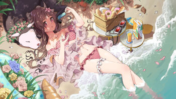 1girl :o absurdres animal animal_ears arknights barefoot basket beach bikini blue_flower blue_rose blush bread breasts brown_hair cleavage collarbone commentary_request crab day donut eyjafjalla_(arknights) eyjafjalla_(summer_flower)_(arknights) fengmo_ao flower food frilled_bikini frilled_thigh_strap frills goggles hat highres holding holding_food horns innertube juice juice_box long_hair looking_at_viewer lying navel ocean off_shoulder official_alternate_costume on_back open_mouth orange_juice outdoors petals pink_bikini pink_flower pink_rose plaid_bikini plaid_clothes popsicle purple_eyes revision rose seashell sheep sheep_ears sheep_horns shell small_breasts soaking_feet solo straw_hat swim_ring swimsuit swimsuit_cover-up table thigh_strap unworn_goggles unworn_headwear water yellow_flower yellow_hat yellow_rose