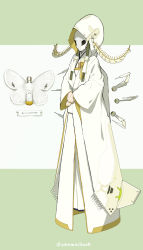 1girl arthropod_girl bug cloak full_body green_hair hood hood_up insect insect_girl long_sleeves mask mecha_musume moth moth_girl nail_polish original robe solo twintails twitter_username white_cloak white_robe white_wings wide_sleeves wings yellow_nails zenmaibook
