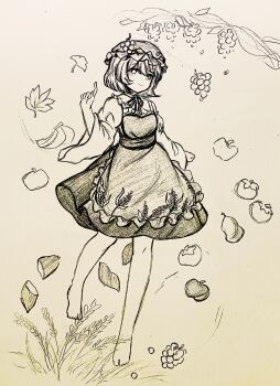 Rule 34 | 1girl, absurdres, aki minoriko, apple, apron, banana, barefoot, choker, closed mouth, commentary request, food, fruit, full body, ginkgo leaf, grape hat ornament, grapes, hat, highres, leaf, light smile, long sleeves, looking at viewer, maple leaf, persimmon, ribbon choker, shirt, short hair, skirt, solo, sweet potato, toes, touhou, traditional media, wide sleeves, wu yu wanwan
