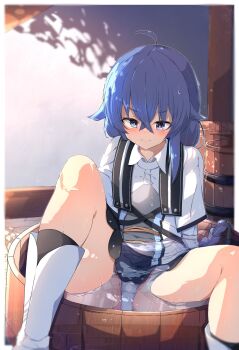1girl ahoge antenna_hair bare_legs barrel black_socks blue_eyes blue_hair blush boots braid closed_mouth collared_shirt crossed_bangs dot_nose dress flat_chest furrowed_brow highres knee_up layered_sleeves loli long_hair long_sleeves looking_at_viewer mushoku_tensei panties roxy_migurdia shirt short_sleeves sitting socks solo spread_legs sunlight tentefu_(rpud7485) thighs twitter underwear very_long_hair wariza water wet white_boots white_dress white_panties