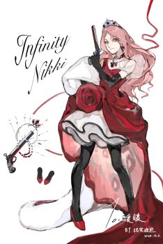 Rule 34 | 1girl, absurdres, animal print, antique firearm, artist name, bingdongdeningmengkuai, black gloves, black pantyhose, blunderbuss, cape, character name, chinese commentary, closed mouth, commentary request, copyright name, dated, dress, dress flower, earrings, elbow gloves, eyelashes, firearm, flower, full body, fur-trimmed cape, fur trim, gem, gloves, gun, hand on own hip, high heels, highres, holding, holding gun, holding weapon, infinity nikki, jewelry, leopard print, light smile, long hair, miniskirt, necklace, nikki (nikki), nikki (series), pantyhose, pink eyes, pink hair, pleated skirt, print dress, red cape, red dress, red flower, red gemstone, red ribbon, red rose, red shoes, ribbon, rose, shoes, simple background, single stripe, skirt, skirt under dress, sleeveless, sleeveless dress, solo, standing, tiara, train (clothing), two-sided dress, two-sided fabric, unworn cape, wavy hair, weapon, white background, white skirt