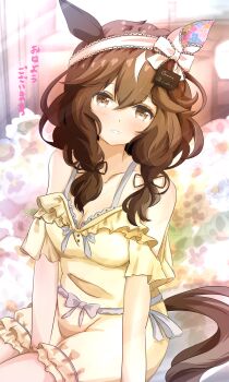 Rule 34 | 1girl, animal ears, babydoll, bed, braid, breasts, brown eyes, brown hair, cleavage, closed mouth, collarbone, commentary request, curren bouquetd'or (umamusume), hair between eyes, hair ornament, hairband, highres, horse ears, horse girl, horse tail, long hair, looking at viewer, low twin braids, solo, sugi (user nash8444), tail, translation request, twin braids, umamusume