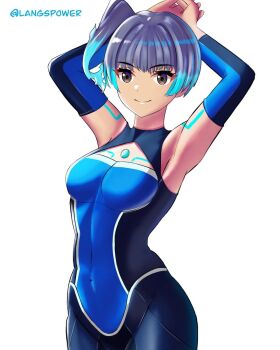 1girl armpits blue_hair breasts brown_eyes elbow_gloves gloves langspower medium_breasts one-piece_swimsuit sena_(xenoblade) side_ponytail sleeveless swimsuit white_background xenoblade_chronicles_(series) xenoblade_chronicles_3