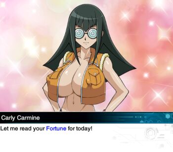 black_hair braless breasts carly_nagisa cleavage coke-bottle_glasses covered_erect_nipples english_text game_mod glasses huge_breasts jacket large_breasts looking_at_viewer mod naked_jacket non-web_source sparkle_background tagme underboob yu-gi-oh! yu-gi-oh!_5d&#039;s yu-gi-oh!_duel_links
