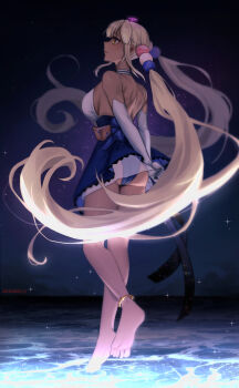 absurdres akaharuu anklet artist_name ass bare_back barefoot blue_dress breasts commentary dress elbow_gloves english_commentary gloves grey_hair highres hololive hololive_english jewelry large_breasts limiter_(tsukumo_sana) long_hair looking_up sideboob smile tsukumo_sana tsukumo_sana_(1st_costume) twintails very_long_hair virtual_youtuber water white_dress white_gloves yellow_eyes