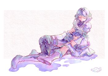 1boy 1girl aged_down artist_name black_hair black_pants boots cataoshi clive_rosfield closed_eyes commentary dress english_commentary final_fantasy final_fantasy_xvi full_body gloves grey_hair hand_on_another's_head highres hug jacket jill_warrick juliet_sleeves long_sleeves pants puffy_sleeves resting short_hair signature sitting sleeping