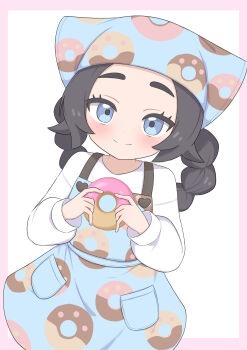 Rule 34 | 1girl, ansha (pokemon), apron, blue apron, blue eyes, border, closed mouth, commentary, donut, eyelashes, food, food print, hands up, happy, headscarf, highres, holding, holding donut, holding food, long hair, long sleeves, looking at viewer, nintendo, nisan ga6, outside border, pink border, pokemon, pokemon legends: z-a, print apron, shirt, smile, solo, white background, white shirt