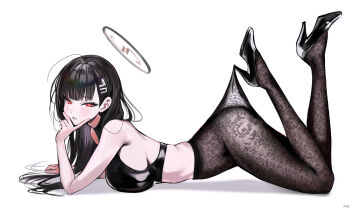 1girl absurdres black_bra black_pantyhose black_shoes blue_archive blush bra breasts from_side hair_behind_ear halo haze_(7h4ze) high_heels highres large_breasts long_hair looking_at_viewer no_panties pantyhose parted_lips red_eyes red_halo rio_(blue_archive) shoes solo underwear underwear_only