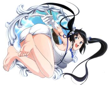 1girl :d armpits ass barefoot black_hair blue_eyes blue_ribbon blue_sky breasts commentary_request dress dungeon_ni_deai_wo_motomeru_no_wa_machigatteiru_darou_ka gloves hair_ribbon hestia_(danmachi) highres index_finger_raised junsaaaan long_hair open_mouth pencil_dress rei_no_himo ribbon sky smile solo toenails tower twintails white_dress white_gloves