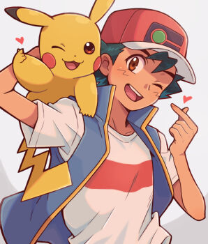 Rule 34 | 1boy, ash ketchum, baseball cap, black hair, blue jacket, blush, brown eyes, commentary request, cyaneko, finger heart, gen 1 pokemon, hat, heart, jacket, male focus, nintendo, on shoulder, one eye closed, open clothes, open jacket, open mouth, pikachu, pokemon, pokemon (anime), pokemon (creature), pokemon journeys, pokemon on shoulder, red hat, shirt, short hair, short sleeves, simple background, sleeveless, sleeveless jacket, smile, teeth, upper teeth only, white shirt