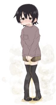 1girl between_legs black_hair black_thighhighs blush breast_pocket brown_eyes brown_shirt brown_shorts female_focus flat_chest full_body half-closed_eyes hand_between_legs knees_together_feet_apart long_sleeves looking_afar nose_blush original own_hands_together pee peeing peeing_self pocket ponnu_(tnpn2yw) puddle shirt short_hair short_shorts shorts sidelocks simple_background solo standing steam thighhighs v_arms wet wet_clothes wet_shorts wet_thighhighs white_background