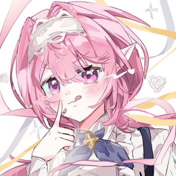 1girl blush chinese_commentary commentary_request elf elysia_(honkai_impact) hairband heart highres honkai_(series) honkai_impact_3rd kafei_xiaoshi licking_lips long_hair looking_at_viewer official_alternate_costume pink_hair pointy_ears purple_eyes shirt solo tongue tongue_out very_long_hair white_background white_hairband white_shirt