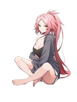 1girl absurdres bad_source barefoot black_camisole blue_hair breasts camisole cleavage dolphin_shorts feet green_eyes grey_shirt high_ponytail highres honkai:_star_rail honkai_(series) indian_style large_breasts looking_at_viewer multicolored_hair pink_hair ponytail purple_hair rappa_(honkai:_star_rail) shirt shorts simple_background sinigo01 sitting smile soles solo streaked_hair toes two-tone_hair white_background white_shorts