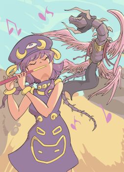 bare_shoulders closed_eyes davewaterfalls dragon dragon_horns dragon_piper dress feathered_wings fire_emblem fire_emblem:_the_sacred_stones flute grima_(fire_emblem) hat horns instrument lute_(fire_emblem) musical_note nintendo purple_hair sleeveless sleeveless_dress wings yu-gi-oh!