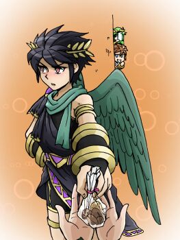Rule 34 | angel, angel wings, black hair, blush, commentary request, dark pit, green scarf, hand on own hip, highres, kid icarus, kid icarus uprising, laurel crown, looking to the side, male focus, nintendo, orange background, palutena, peeking out, pit (kid icarus), pov, pov hands, recording, red eyes, scarf, solo focus, tsundere, valentine, wings, yui fightpaint