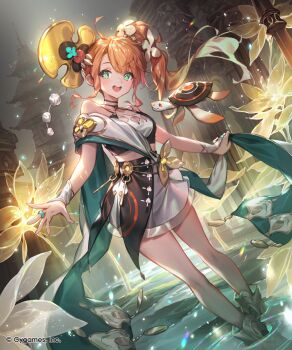 1girl ahoge bare_legs blush breasts bridal_gauntlets brooch building cleavage cleavage_cutout clothing_cutout collarbone commentary_request company_name criss-cross_halter crop_top diamond_cutout flower green_eyes green_shawl hair_flower hair_ornament halter_shirt halterneck highres himeka_(shadowverse:_worlds_beyond) holding_shawl jewelry lee_hyeseung long_hair looking_at_viewer midriff navel official_art open_mouth orange_hair parted_bangs ripples shadowverse shadowverse:_worlds_beyond shawl shirt side_ponytail skirt sleeveless sleeveless_shirt smile solo spade_(shape) standing symbol-shaped_pupils teeth temple turtle upper_teeth_only water white_bridal_gauntlets white_flower white_shirt white_skirt