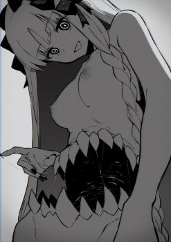 1girl black_bow bow braid breasts colored_inner_hair commentary_request completely_nude fate/strange_fake fate_(series) francesca_prelati_(fate) hair_bow highres hirunagi long_hair looking_at_viewer medium_breasts multicolored_hair nipples nude open_mouth parted_bangs ringed_eyes sidelocks smile solo stomach_mouth teeth very_long_hair