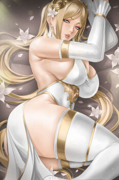 1girl absurdres blonde_hair blue_eyes breasts commander_(nier:automata) detached_sleeves earrings female_focus highres huge_breasts jewelry lips long_hair lying nier:automata nier_(series) on_side sideboob solo thighhighs wtparadise