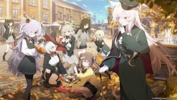 Rule 34 | 6+girls, akira (blue archive), akira (miria) (blue archive), animal ear fluff, animal ears, black dress, black pantyhose, black socks, blue archive, bow, breasts, brown hair, cane, closed eyes, commentary request, day, dress, eri (blue archive), finger to mouth, food, fuyu (blue archive), gloves, green hair, grey hair, hair bow, hair ornament, hair over one eye, hairclip, halo, hat, highres, holding, holding cane, holding food, index finger raised, jacket, jell (jell y fish), kanoe (blue archive), leaf, logo, long hair, long sleeves, magic circle, miniskirt, miyo (blue archive), multicolored hair, multiple girls, official art, open mouth, outdoors, pantyhose, pinafore dress, rena (blue archive), ritsu (blue archive), shirt, short hair, skirt, sleeveless, sleeveless dress, socks, sparkle, squatting, standing, streaked hair, tree, tsumugi (blue archive), white bow, white gloves, white shirt