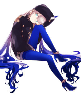 Rule 34 | 1boy, arm between legs, black hat, black poncho, blue eyes, blue hair, blue pantyhose, blue shoes, blunt bangs, brown hair, captain nemo (fate), captain nemo (third ascension) (fate), closed mouth, epaulettes, expressionless, fate/grand order, fate (series), full body, gradient hair, grey shorts, hat, hat feather, head on knee, high heels, highres, invisible chair, kak hac, knee up, long hair, long sleeves, looking at viewer, male focus, multicolored hair, nemo (fate), pantyhose, poncho, shoes, shorts, simple background, sitting, solo, trap, turban, twintails, very long hair, white background