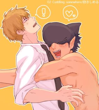 ! 2boys adam&#039;s_apple beam_(chainsaw_man) black_hair black_necktie blonde_hair blush chainsaw_man chigaya_owo collared_shirt commentary_request denji_(chainsaw_man) english_text fingernails from_side happy heart male_focus multiple_boys necktie open_mouth outline pointy_ears shark_boy shark_fin shark_head sharp_teeth shirt short_hair simple_background sleeves_pushed_up smile spoken_exclamation_mark spoken_heart teeth white_outline white_shirt yaoi yellow_background