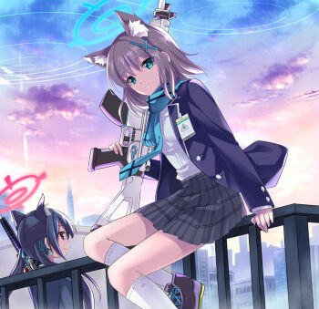 2girls animal_ear_fluff animal_ears assault_rifle black_skirt blue_archive blue_eyes blue_halo blue_jacket blue_necktie blue_scarf cat_ears cat_girl city closed_mouth commentary_request cross_hair_ornament extra_ears grey_hair gun hair_ornament halo holding holding_gun holding_weapon jacket kneehighs long_hair long_sleeves looking_at_viewer multiple_girls necktie on_railing open_clothes open_jacket plaid_clothes plaid_skirt purple_shoes railing red_eyes red_halo rifle scarf serika_(blue_archive) shiratama_(yoru_ayk) shiroko_(blue_archive) shoes short_hair sitting skirt sky skyline smile socks twintails weapon white_socks wolf_ears wolf_girl