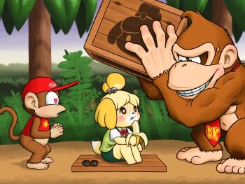 1girl 2boys :t animal_crossing animal_ears banana bell blush bright_pupils crate crossover dog_ears dog_tail donkey_kong donkey_kong_(series) donkey_kong_country eating food fruit furry furry_female hair_bell hair_ornament hat heart heart-shaped_pupils highres holding holding_food isabelle_(animal_crossing) jingle_bell jungle monkey monkey_tail multiple_boys nature necktie nintendo outdoors rakugaken red_hat red_necktie sitting skirt standing symbol-shaped_pupils tail tree white_pupils