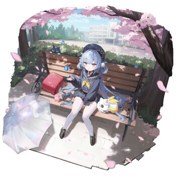 :o aqua_hair backpack bag bench between_legs black_bow black_bowtie black_choker black_shirt black_shoes black_skirt blue_butterfly bow bowtie bug bush butterfly button_eyes buttons cherry_blossoms chipy choker drink_carton drinking_straw falling_petals frills game_asset hair_bow hair_extensions hair_rings hair_spread_out hand_between_own_legs hat hat_bow hat_request highres insect long_hair long_sleeves low-tied_hair_ring midriff_peek milk_carton non-web_source nono_(poker_fate) nono_(spring_in_the_palm)_(poker_fate) official_alternate_costume on_bench outdoors park_bench petals pleated_skirt poker_fate quad_hair_rings randoseru ribbon ring_hair_extensions ring_hair_ornament school school_uniform self-datamine shirt shoes short_hair sitting skindentation skirt sleeve_bow sleeves_past_wrists solo_focus spade_brooch strawberry_milk stuffed_animal stuffed_toy stuffed_unicorn suspender_skirt suspenders suspenders_under_shirt thighhighs transparent transparent_umbrella tree_shade umbrella very_short_hair white_thighhighs yellow_eyes yellow_ribbon zettai_ryouiki