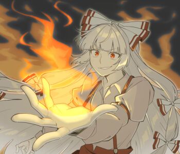 1girl bow collared_shirt commentary fire fujiwara_no_mokou grey_hair grey_shirt grin hair_bow long_hair long_sleeves pants pyrokinesis red_eyes red_pants sakic43899 shirt smile solo suspenders touhou very_long_hair
