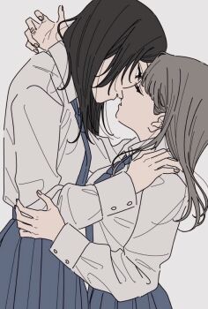 2girls black_hair blue_necktie blue_skirt grey_hair highres imminent_kiss kamatama_rom long_hair long_sleeves multiple_girls necktie original shirt simple_background skirt white_background white_shirt yuri