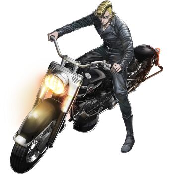 Rule 34 | 1boy, black boots, black jacket, black pants, blonde hair, boots, frown, full body, glasses, jacket, leather, leather jacket, leather pants, looking at viewer, male focus, motor vehicle, motorcycle, official art, on motorcycle, pants, pompadour, riding, shirt, solo, tatsunuma tatsuto, tinted eyewear, transparent background, tribe nine, white shirt, yellow eyes