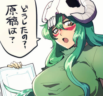1girl bleach breasts brown_eyes commentary_request facial_mark green_hair hair_between_eyes holding holding_paper large_breasts long_hair nelliel_tu_odelschwanck nigatsumikka paper skull_on_head solo translation_request upper_body