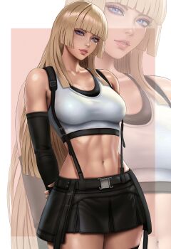 1girl abs bare_shoulders black_skirt blonde_hair blue_eyes blunt_bangs breasts cosplay crop_top elbow_gloves emilie_de_rochefort final_fantasy final_fantasy_vii final_fantasy_vii_remake fingerless_gloves gloves highres hime_cut kittymiya large_breasts long_hair looking_at_viewer midriff miniskirt navel skirt smile solo suspender_skirt suspenders tank_top tekken tifa_lockhart tifa_lockhart_(cosplay)