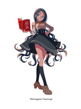 1girl bibizbbibi black-framed_eyewear black_socks blue_corset blue_eyes blue_hair blue_skirt book bow bowtie breasts brown_shoes buttons character_name circle_skirt clenched_hand commentary_request corset danganronpa_(series) danganronpa_v3:_killing_harmony dress_shirt floating_clothes forehead full_body glasses grin hand_on_own_hip happy high_heels highres holding holding_book kneehighs knees large_breasts long_hair long_sidelocks long_sleeves medium_skirt open_book orange_bow orange_bowtie pleated_skirt puffy_long_sleeves puffy_sleeves round_eyewear shirogane_tsumugi shirt shoes sidelocks simple_background skirt smile socks solo standing uwabaki very_long_hair wavy_hair white_background white_shirt