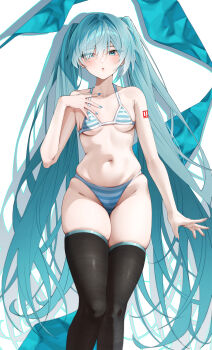 1girl absurdres bikini black_thighhighs blue_bikini blue_eyes blue_hair blue_nails blush breasts chinese_commentary commentary_request eyes_visible_through_hair hair_over_one_eye hand_on_own_chest hatsune_miku highres looking_at_viewer navel number_tattoo open_mouth shoulder_tattoo small_breasts solo stomach striped_bikini striped_clothes swimsuit tattoo thighhighs tiandingfengren twintails vocaloid