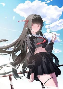 1girl absurdres arm_cutout black_hair black_serafuku black_skirt blue_sky breasts chisa_(wuthering_waves) closed_mouth clothing_cutout commentary crop_top crop_top_overhang day hair_ribbon highres holding lanoyee long_hair long_sleeves looking_at_viewer medium_breasts navel neckerchief outdoors red_eyes red_neckerchief red_ribbon ribbon sailor_collar school_uniform serafuku skirt sky smile solo tacet_mark_(wuthering_waves) thighs white_sailor_collar wind wuthering_waves