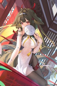 Rule 34 | 1girl, absurdres, adapted costume, architecture, arm support, armlet, black hair, black pantyhose, blush, breasts, china dress, chinese clothes, clover hair ornament, dress, droopy ears, east asian architecture, hair ornament, hairband, hand fan, highres, hino kagutsuki, jewelry, large breasts, leg tattoo, long hair, looking at viewer, lying, on side, panties, pantyhose, paper fan, red eyes, see-through cleavage, see-through clothes, silver armlet, smile, solo, tattoo, underwear, white dress, white hairband, white panties, white sleeves, ye shunguang, zenless zone zero