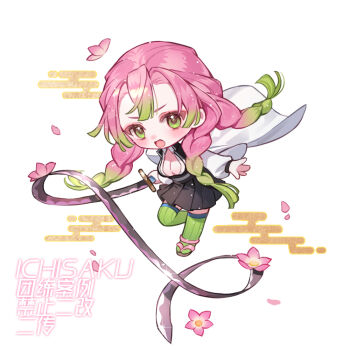 1girl artist_name black_skirt blush braid breasts brown_sandals chibi chibi_only cleavage commentary_request demon_slayer_uniform double-parted_bangs full_body gradient_hair green_eyes green_hair green_thighhighs holding holding_sword holding_weapon ichisaku kanroji_mitsuri kimetsu_no_yaiba long_hair long_sleeves multicolored_hair open_mouth pink_hair pleated_skirt sandals simple_background skirt solo striped_clothes striped_thighhighs sword tabi thighhighs twin_braids two-tone_hair vertical-striped_clothes vertical-striped_thighhighs watermark weapon white_background zettai_ryouiki