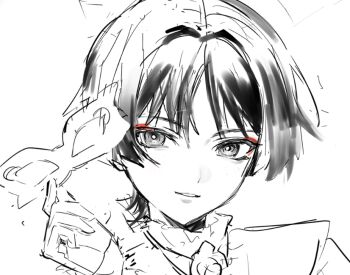 1boy blunt_ends domino_mask eye_mask eyelashes eyeliner eyeshadow formal_clothes frilled_shirt_collar frills genshin_impact gloves greyscale hag_(hag_015) half_gloves hand_up holding holding_mask looking_at_viewer makeup male_focus mask monochrome official_alternate_costume parted_lips portrait red_eyeliner red_eyeshadow scaramouche_(genshin_impact) shirt sketch smile solo spot_color wanderer_(genshin_fes_2026)_(genshin_impact) wanderer_(genshin_impact) white_background wispy_bangs