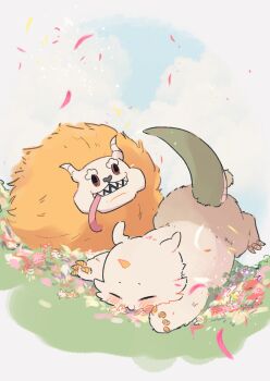 anoko_(chiikawa) chiikawa cloud cloudy_sky commentary_request creature dekatsuyo_(chiikawa) falling_petals flower full_body grass highres horns lying nagasode_(nagasode0123) no_humans on_stomach outdoors petals single_horn sky