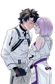 1boy 1girl absurdres amamya_tokko armor armored_leotard black_gloves black_hair breastplate chaldea_logo closed_eyes command_spell fate/grand_order fate_(series) faulds fujimaru_ritsuka_(male) fujimaru_ritsuka_(male)_(decisive_battle_chaldea_uniform) gauntlets gloves gorget highres holding_hands jacket leotard mash_kyrielight mash_kyrielight_(paladin) purple_hair shield silver_gloves simple_background smile white_armor white_background white_jacket